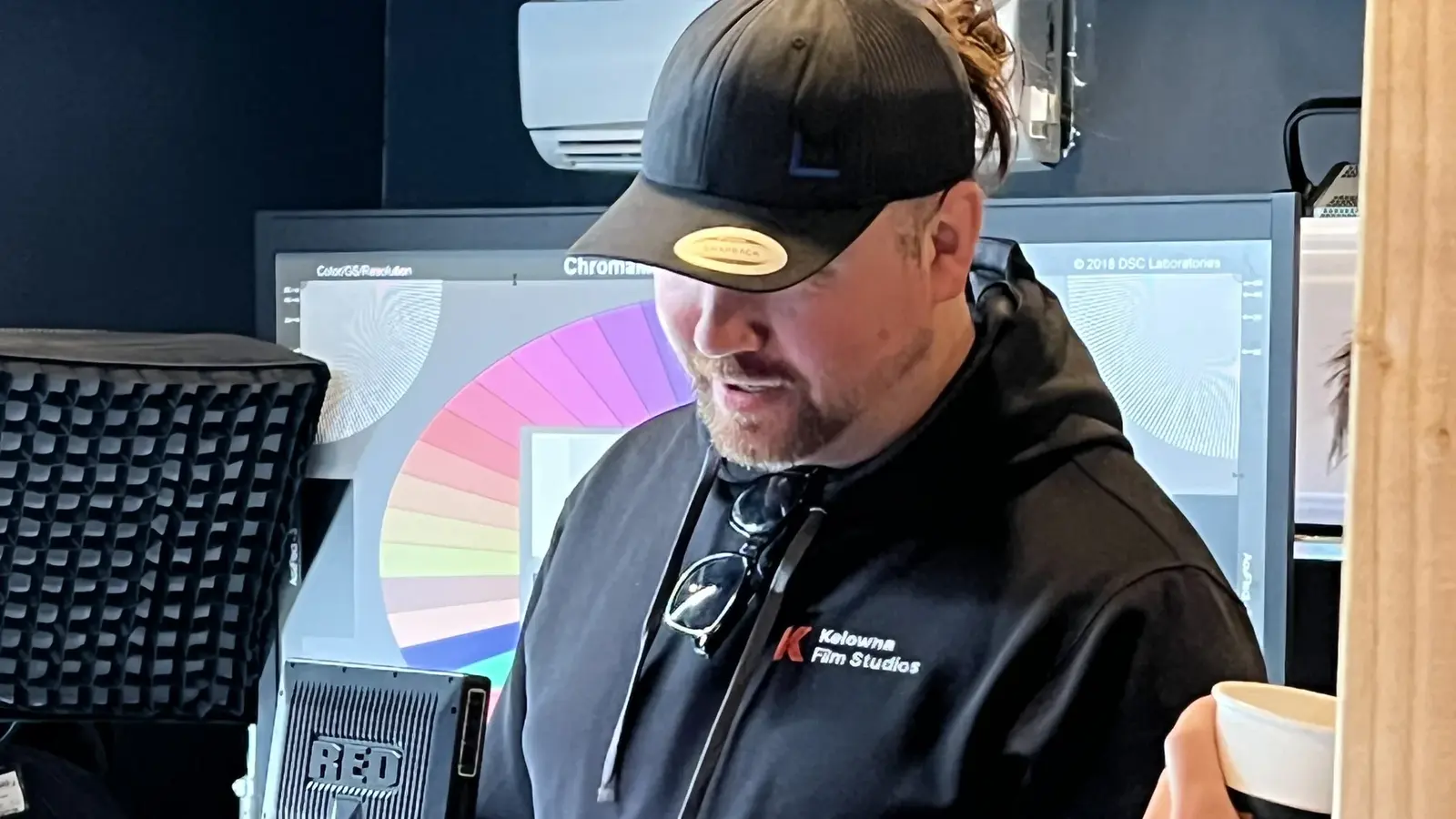 James Alton in a Kelowna Film Studios hoodie during a RED camera visit in Los Angeles