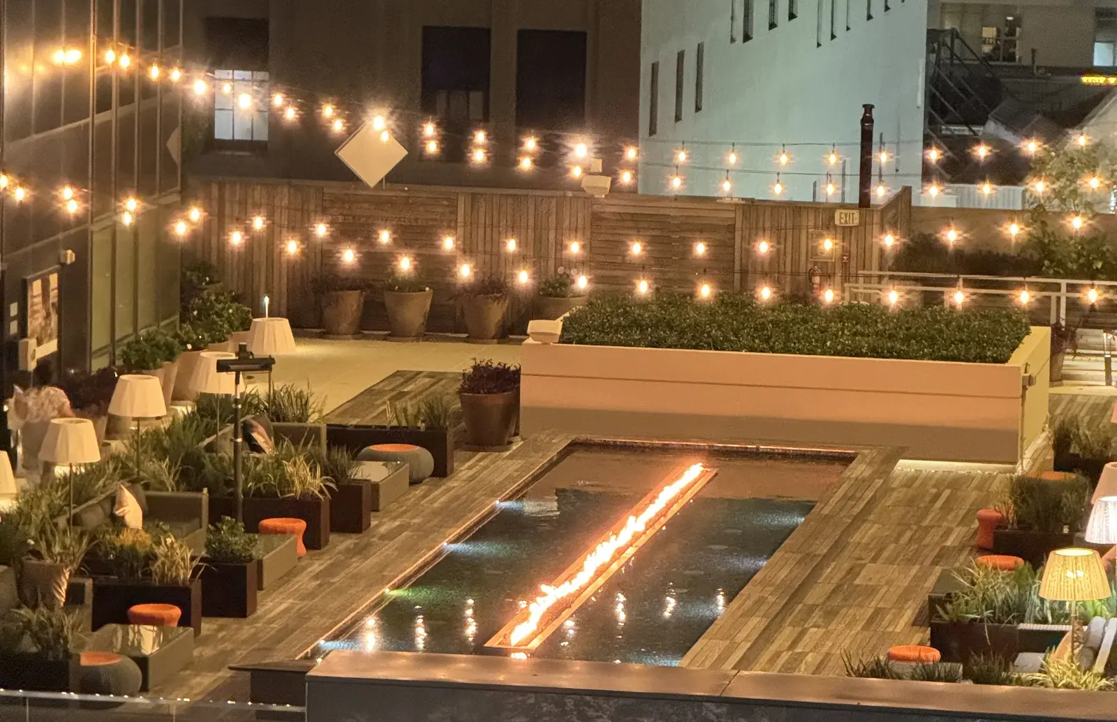 Los Angeles rooftop patio at night during the February 2024 trip