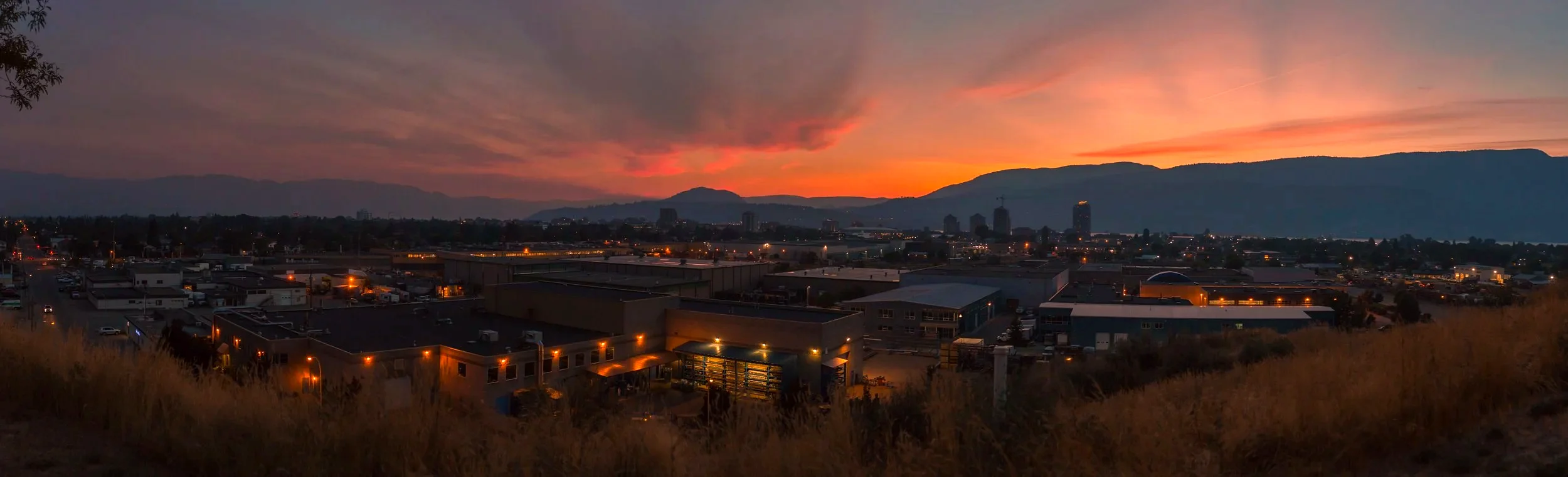 Panoramic sunset over Kelowna and Okanagan Lake