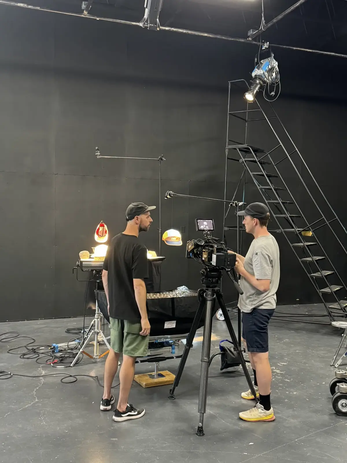 Ciele commercial camera, dolly and product setup inside the former Kelowna Film Studios stage.