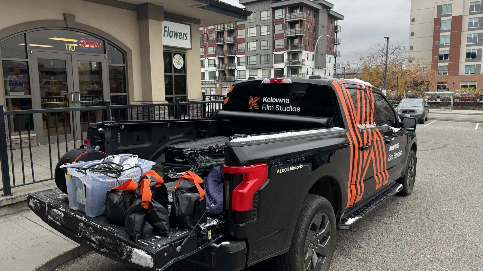 KFS electric truck loaded with gear outside Cleopatra's Rituals
