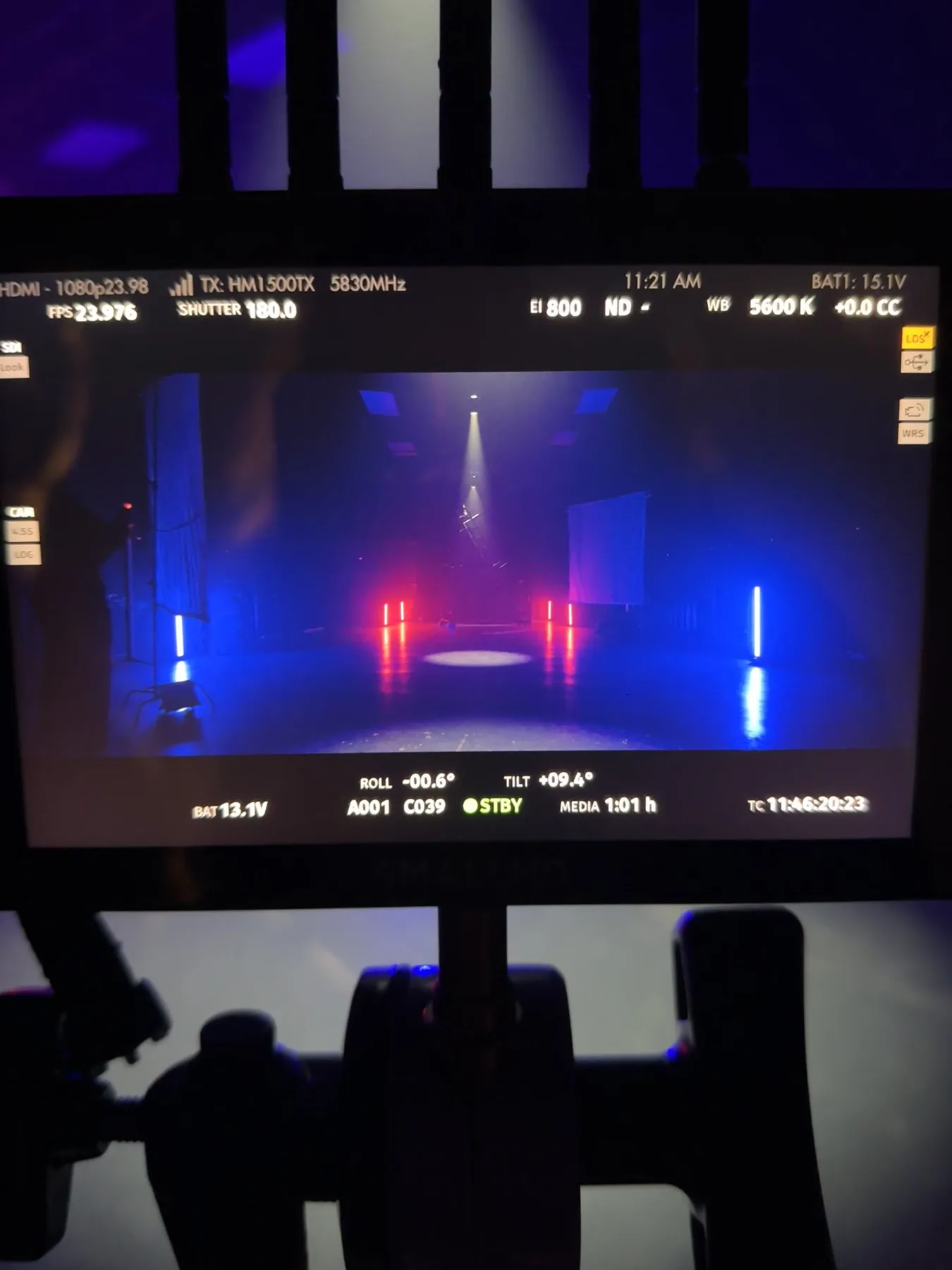 Camera monitor showing the red and blue lighting setup for The Keepers inside the former KFS stage