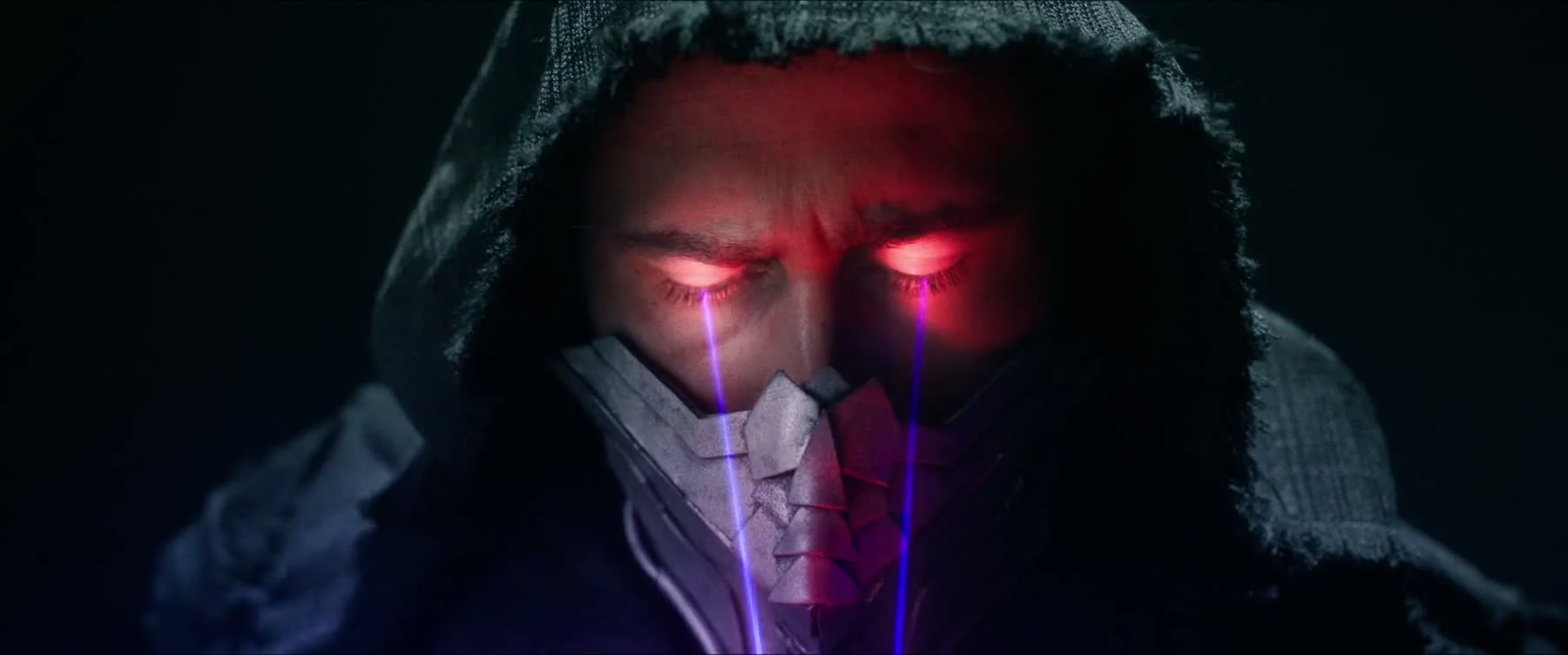 A masked character with glowing VFX eyes from the sci-fi short The Keepers