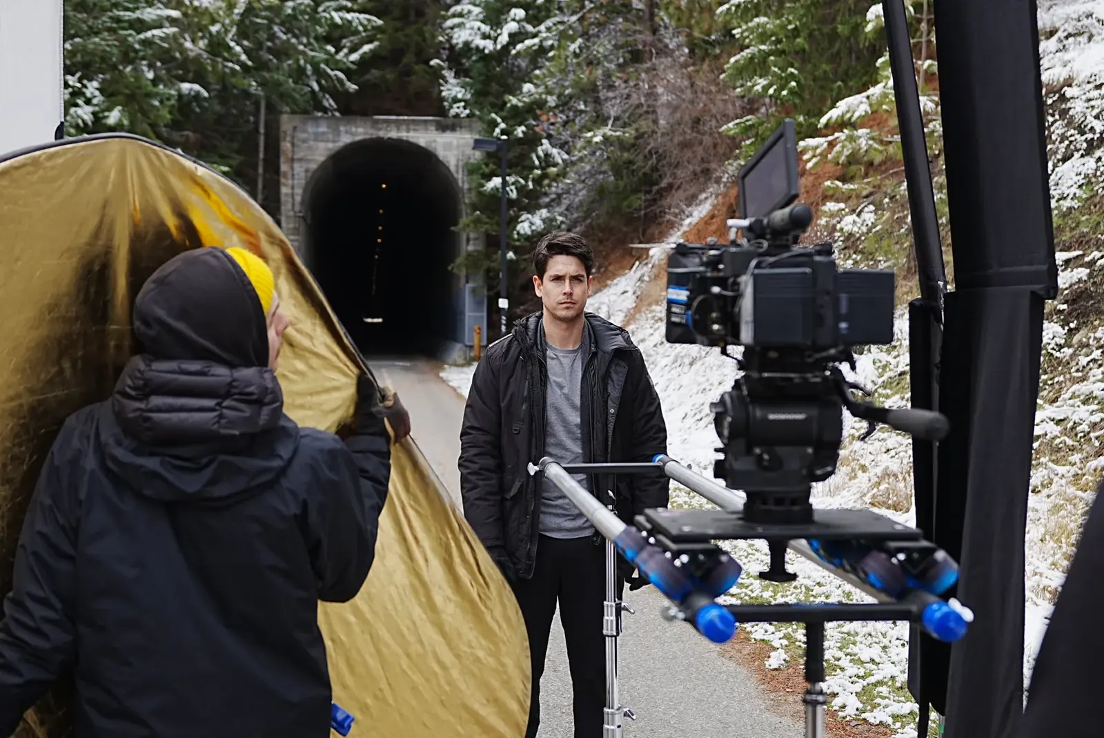Crew and camera staged near a railway tunnel for the Princeton production