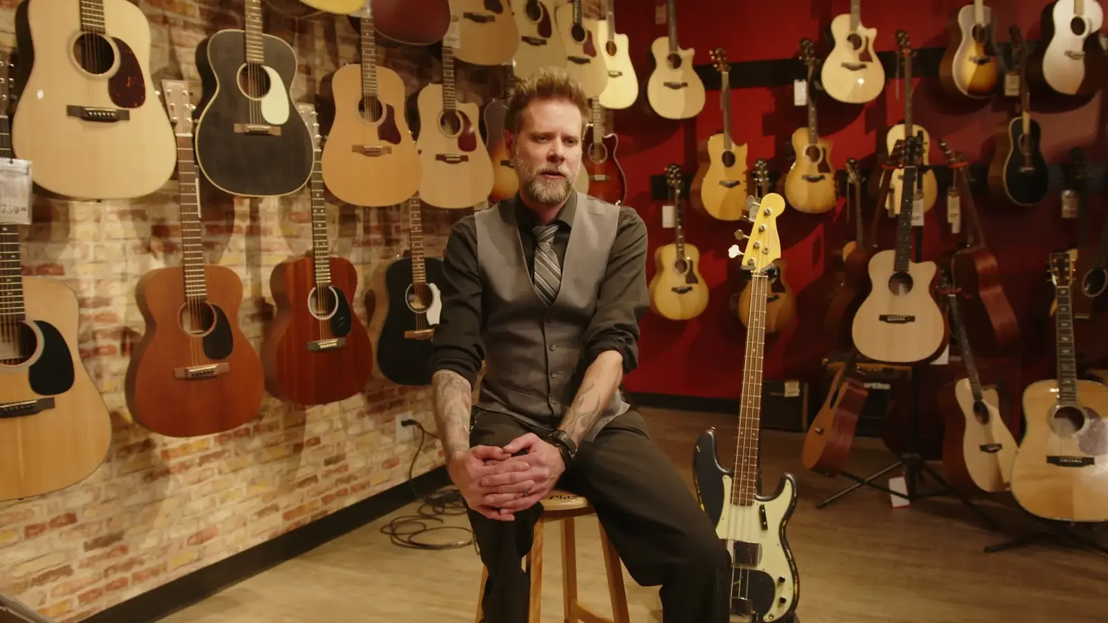 Interview setup inside a guitar shop from Vintage Rebel development footage